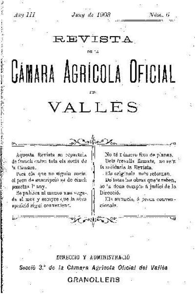 Revista de la Càmara Agrícola del Vallès, 1/6/1903 [Exemplar]