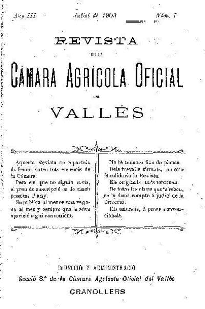 Revista de la Càmara Agrícola del Vallès, 1/7/1903 [Ejemplar]