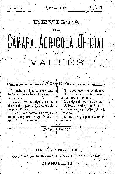 Revista de la Càmara Agrícola del Vallès, 1/8/1903 [Ejemplar]