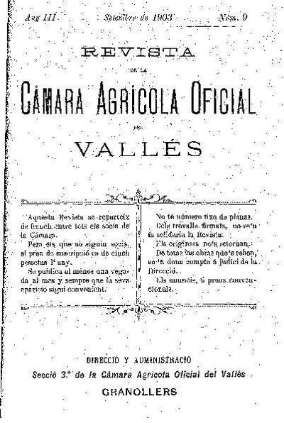 Revista de la Càmara Agrícola del Vallès, 1/9/1903 [Exemplar]