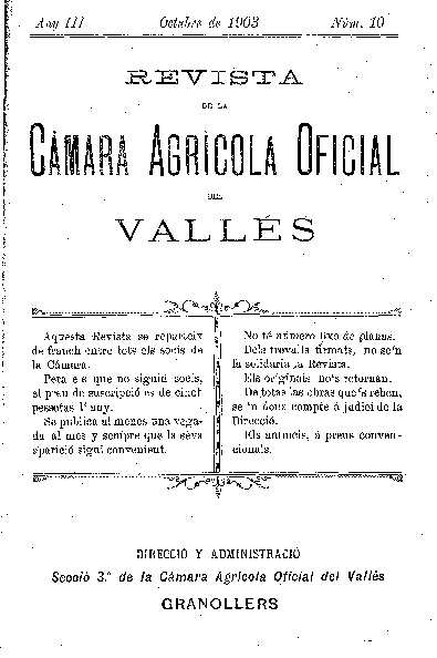 Revista de la Càmara Agrícola del Vallès, 1/10/1903 [Ejemplar]