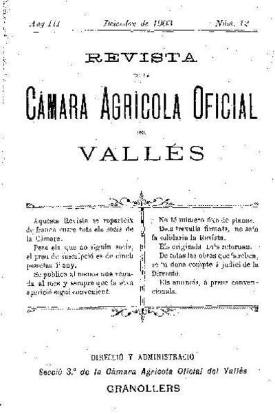 Revista de la Càmara Agrícola del Vallès, 1/12/1903 [Ejemplar]
