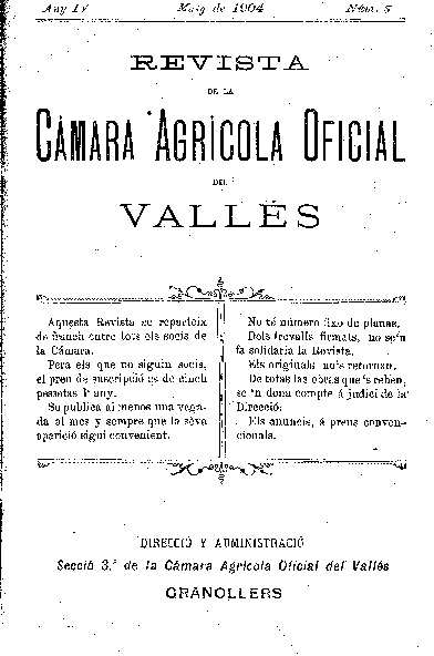 Revista de la Càmara Agrícola del Vallès, 1/5/1904 [Ejemplar]