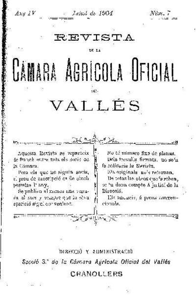 Revista de la Càmara Agrícola del Vallès, 1/7/1904 [Ejemplar]