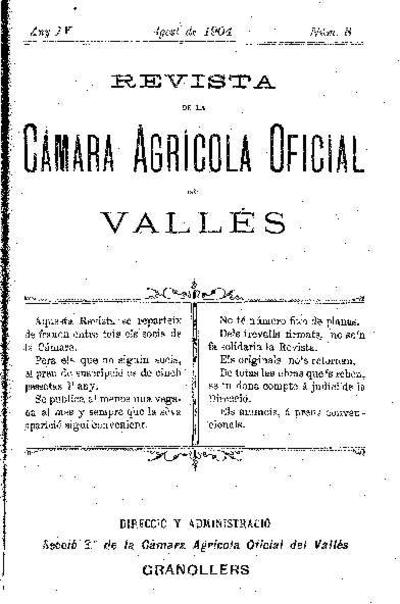 Revista de la Càmara Agrícola del Vallès, 1/8/1904 [Ejemplar]