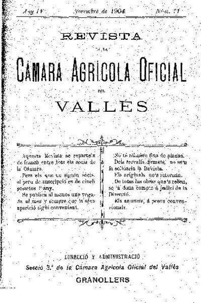 Revista de la Càmara Agrícola del Vallès, 1/11/1904 [Ejemplar]