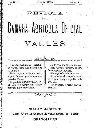 Revista de la Càmara Agrícola del Vallès, 1/4/1905 [Ejemplar]