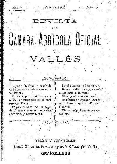 Revista de la Càmara Agrícola del Vallès, 1/5/1905 [Ejemplar]