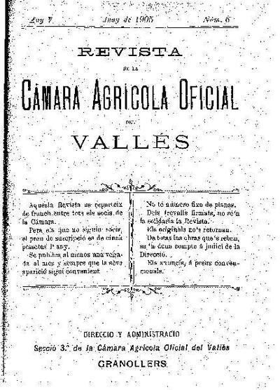 Revista de la Càmara Agrícola del Vallès, 1/6/1905 [Ejemplar]