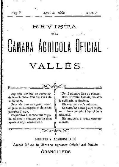 Revista de la Càmara Agrícola del Vallès, 1/8/1905 [Issue]