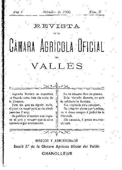 Revista de la Càmara Agrícola del Vallès, 1/9/1905 [Ejemplar]