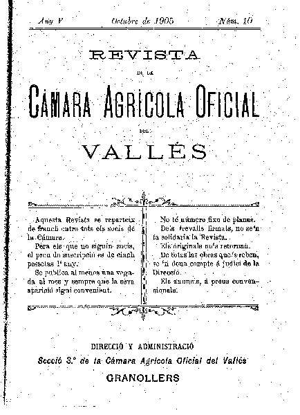 Revista de la Càmara Agrícola del Vallès, 1/10/1905 [Ejemplar]
