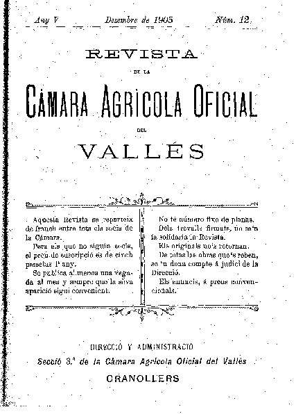Revista de la Càmara Agrícola del Vallès, 1/12/1905 [Ejemplar]