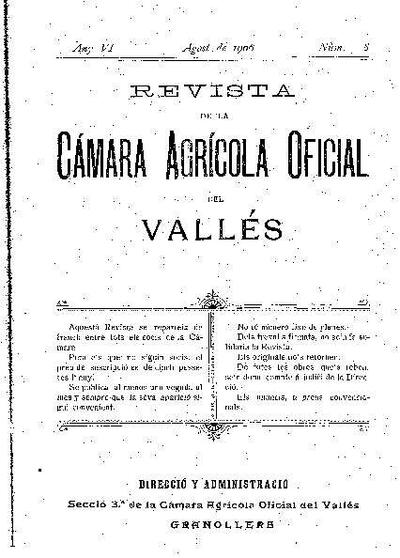 Revista de la Càmara Agrícola del Vallès, 1/8/1906 [Issue]