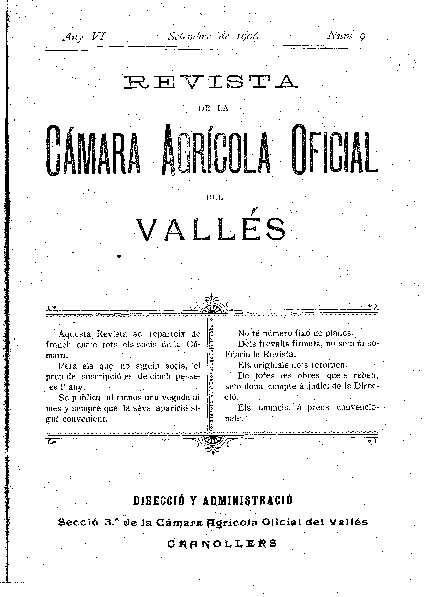 Revista de la Càmara Agrícola del Vallès, 1/9/1906 [Exemplar]
