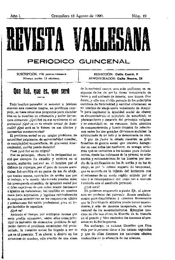 Revista Vallesana, 15/8/1920 [Ejemplar]