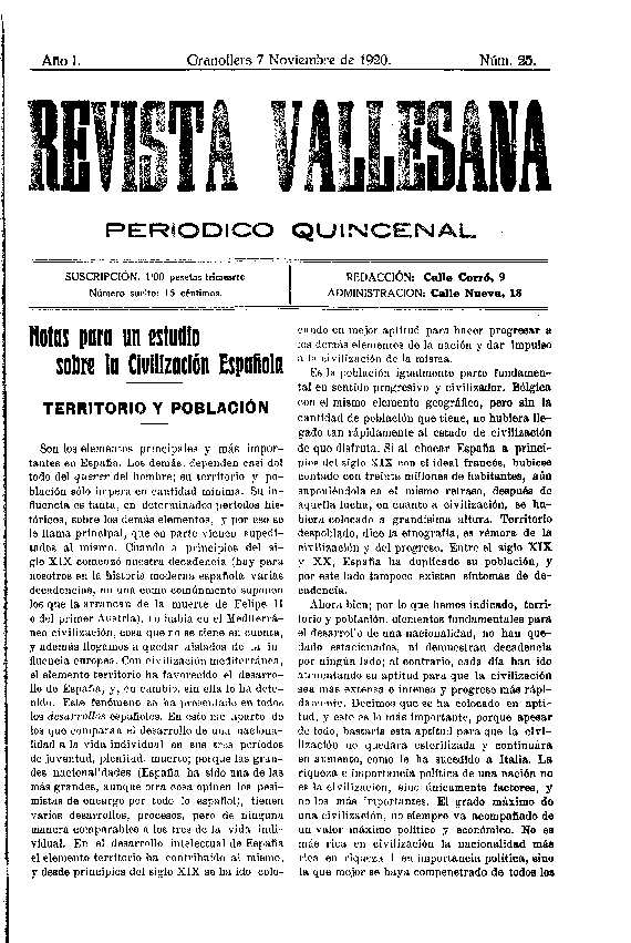 Revista Vallesana, 7/11/1920 [Ejemplar]