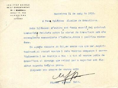 Carta d'Alfons Boix de l'Institut Escola de 2n Ensenyament Pi i Maragall de Barcelona, adreçada a l'alcalde de Granollers, expressant el condol pel bombardeig sofert a la ciutat [Document]