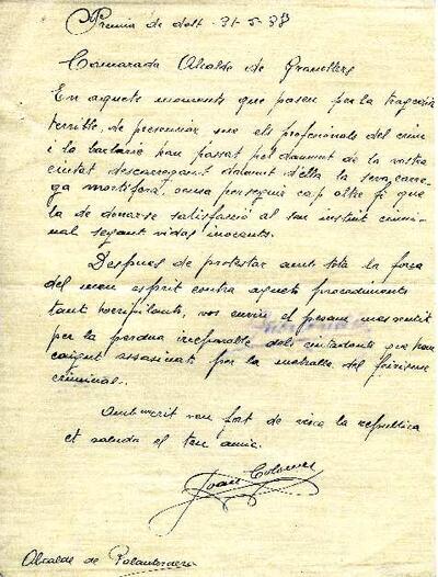 Carta de l'alcalde de Palautordera, adreçada a l'alcalde de Granollers, expressant el condol pel bombardeig sofert a la ciutat [Document]