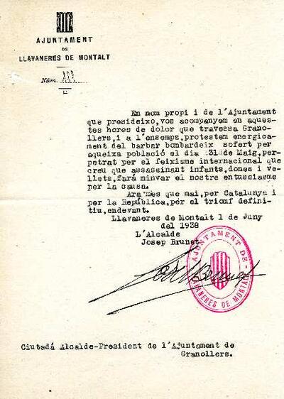 Carta de Josep Brunet, alcalde de Llavaneres de Montalt, adreçada a l'alcalde de Granollers, expressant el condol pel bombardeig sofert a la ciutat [Document]
