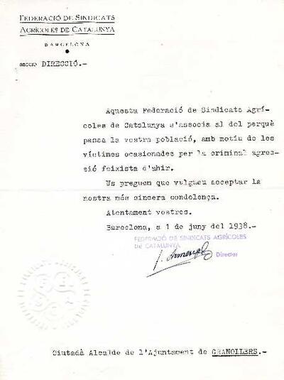 Carta del director de la Federació de Sindicats Agrícoles de Catalunya, adreçada a l'alcalde de Granollers, expressant el condol pel bombardeig sofert a la ciutat [Documento]