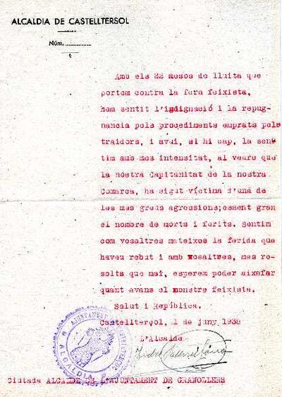 Carta de l'alcalde de Castellterçol, adreçada a l'alcalde de Granollers, expressant el condol pel bombardeig sofert a la ciutat [Documento]