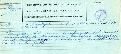 Telegrama de l'alcalde de Montmeló, adreçat a l'alcalde de Granollers, expressant el condol pel bombardeig sofert a la ciutat [Document]