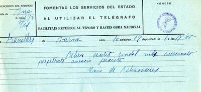 Telegrama de la Unió de Rabassaires, expressant el condol pel bombardeig sofert a la ciutat [Document]