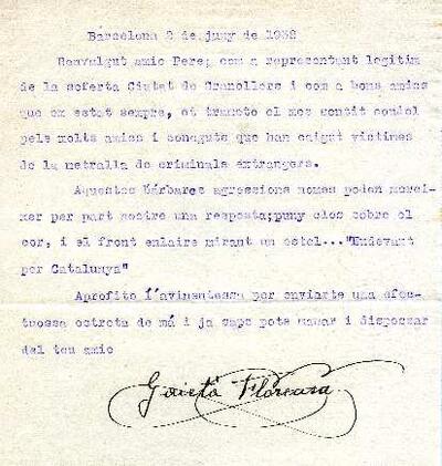 Carta de Gaietà Florensa, adreçada a l'alcalde de Granollers, expressant el condol pel bombardeig sofert a la ciutat i enaltint el sentiment català [Document]
