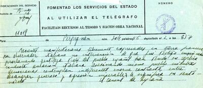 Telegrama del cònsol d'Espanya des de Perpinyà, expressant el condol pel bombardeig sofert a la ciutat i denunciant la indiferència de les democràcies europees [Documento]