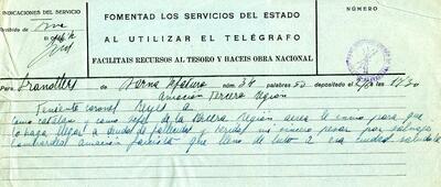 Telegrama del tinent coronel Reyes, cap de la Tercera Regió Aèria, adreçat a l'alcalde de Granollers, expressant el condol pel bombardeig sofert a la ciutat [Document]