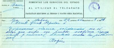 Telegrama del Comitè del Front Popular des de Maó, expressant el condol pel bombardeig sofert a la ciutat [Document]