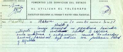 Telegrama del Consell Municipal de Maó, adreçat a l'alcalde de Granollers, expressant el condol pel bombardeig sofert a la ciutat [Document]