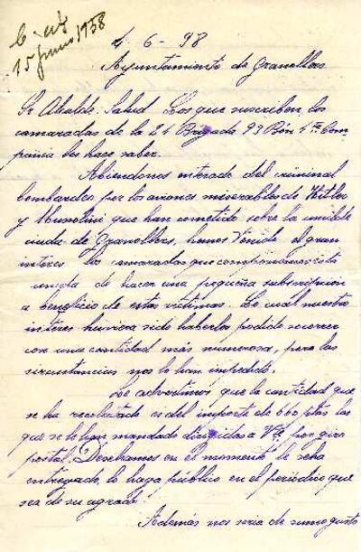 Carta de la 4a Compañía de la 24a Brigada, adreçada a l'alcalde de Granollers, expressant el condol pel bombardeig sofert a la ciutat i col·laborant amb 660 pessetes pels damnificats [Document]