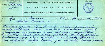 Telegrama de l'alcalde de Terrassa, expressant el condol pel bombardeig sofert a la ciutat [Document]