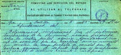 Telegrama de l'Ajuntament de Calella, adreçat a l'alcalde de Granollers, expressant el condol pel bombardeig sofert a la ciutat i esperonant a seguir lluitant contra el feixisme [Document]