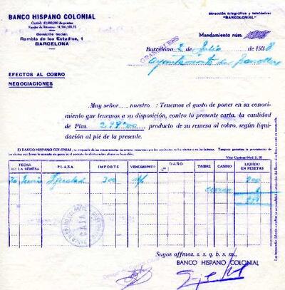 Notificació procedent del Banco Hispano Colonial, adreçada a l'alcalde de Granollers, comunicant que l'Ajuntament ha de cobrar 299 pessetes d'aquest banc [Document]