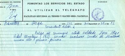 Telegrama d'un comandant militar des de Berga, adreçat a l'alcalde de Granollers, sol·licitant informació sobre l'estat del soldat José Mas Vidal [Document]