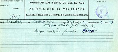 Telegrama del delegat de la Dirección General de la DCA des de Madrid, demanant notícies sobre la família Morato [Documento]