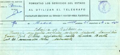 Telegrama de l'alcalde de Vallecas, adreçat a l'alcalde de Granollers, demanant notícies sobre l'estat de salut de la família de Juan José Otero [Documento]