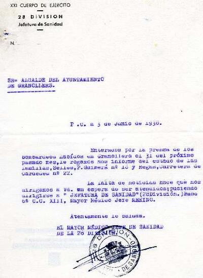Carta del cap Merino, adreçada a l'alcalde de Granollers, demanant informació sobre l'estat de les famílies Selles i Regas [Documento]