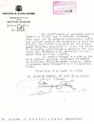 Carta del tinent coronel Enrique Flórez, adreçada a l'alcalde de Granollers, demanant que li remeti un informe urgent de les víctimes del bombardeig. Inclou la corresponent resposta de l'alcalde. 3 de juny i 5 de juliol [Document]