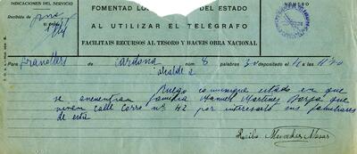 Telegrama procedent de Cardona, adreçat a l'alcalde de Granollers, demanant informació sobre l'estat de la família de Manel Martínez [Document]