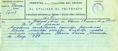Telegrama d'Iberico Lavín des de Buenos Aires, adreçat a l'alcalde de Granollers, demanant informació sobre l'estat de les seves germanes i la seva mare [Document]