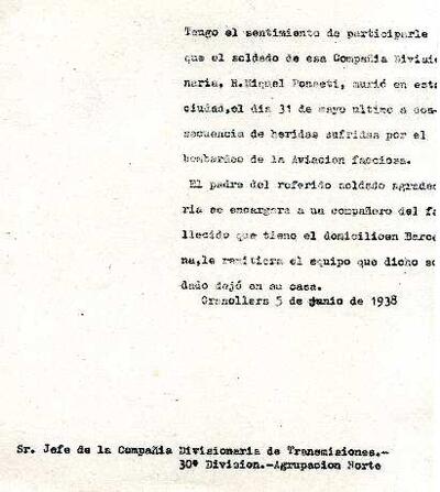 Carta adreçada al cap de la Compañía Divisionaria de Transmisiones de la 30a División de la Agrupación Norte, comunicant que el soldat Miguel Ponseti va morir a Granollers a causa de les ferides produïdes pel bombardeig [Document]
