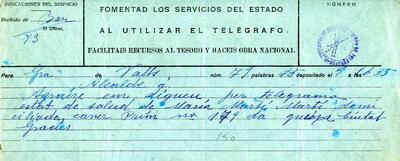 Telegrama procedent de Valls, adreçat a l'alcalde de Granollers, demanant informació sobre l'estat de salut de Maria Martí [Document]