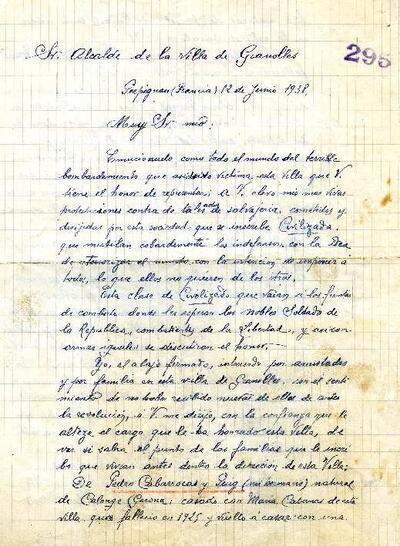 Carta de Narciso Cabarrocas des de Perpinyà, adreçada a l'alcalde de Granollers, demanant informació sobre certs familiars seus residents a la ciutat [Documento]