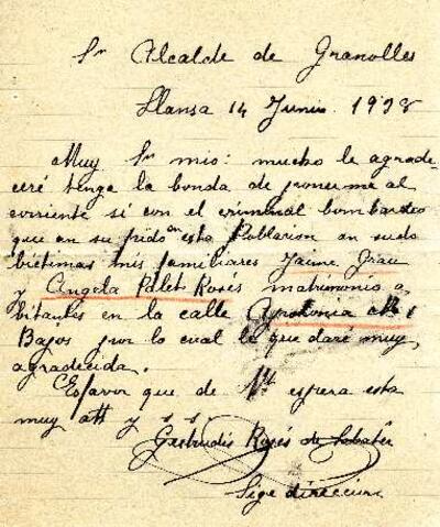 Carta de Gertrudis Rosés des de Llançà, adreçada a l'alcalde de Granollers, demanant notícies dels seus familiars Jaime Grau i Angela Palet Rosés [Document]