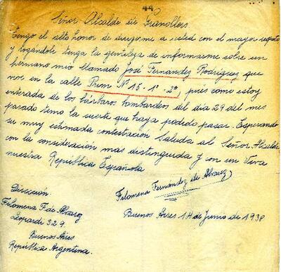 Carta de Filomena Fernández de Álvarez des de Buenos Aires, adreçada a l'alcalde de Granollers, demanant informació sobre el seu germà José Fernández Rodríguez [Document]