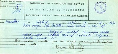 Telegrama del Jefe Mayor del Batallón 166, adreçat a l'alcalde de Granollers, demanant informació sobre l'estat de salut de la mare del soldat Manuel Vallverdú Folguera. Inclou la corresponent resposta comunicant que la seva mare havia mort [Document]
